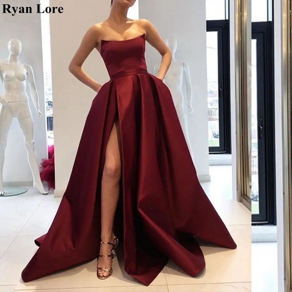 

Wine Red High Split A-Line Evening Dresses Woman Party Night Formal Long Robe De Soiree Prom Gowns Burgundy Sleeveless Vestidos