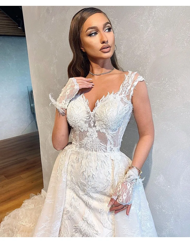Длинный поезд свадебное платье Съемная Русалка Кружева Аппликация Vestido De Noiva на заказ свадебное платье