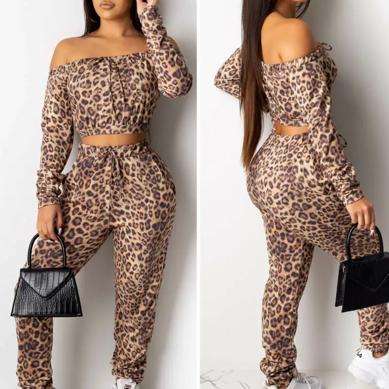 

Womens Ladies Leopard Print Off Shoulder Long Sleeve Tops Fitness Slim Tracksuit Sport Crop Tops Pants Two Piece Outfits Set