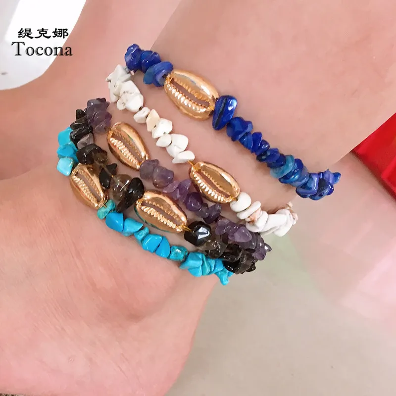 

Tocona Bohemian Gold Shell Anklets for Women Colorful Natural Stone Feet Bracelets Barefoot sandals Beach Jewelry Wholesale 8611