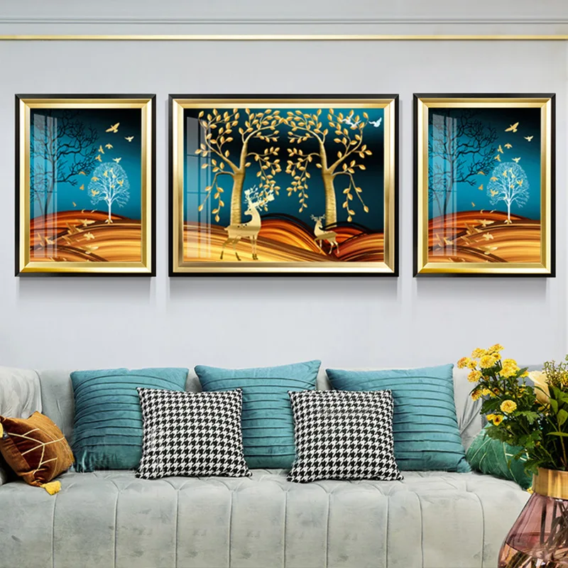 Modern Golden Abstract Deer Tree Bird Wall Art Canvas Painting For Home Decor