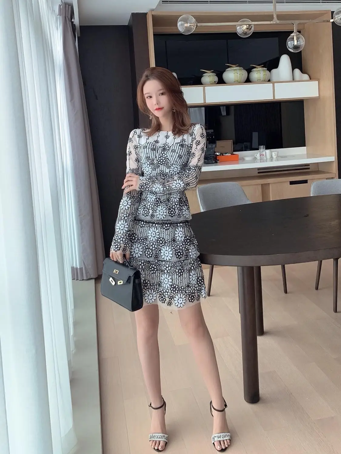 Self Portrait Floral Embroidery Mesh O-Neck Long Sleeve Mini Dress Autumn Women High Waist Ruffles Layer Cake Dress