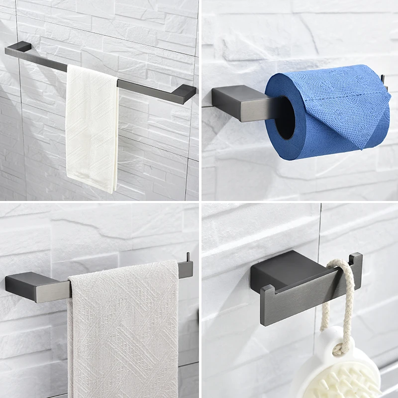 4-Teiliges Badezimmer-Handtuchhalter-Set, Wandhalterung Aus Edelstahl 304 – Inklusive Kleiderbügel, Papierhandtuchhalter-Haken (Gebürstetes Grau)