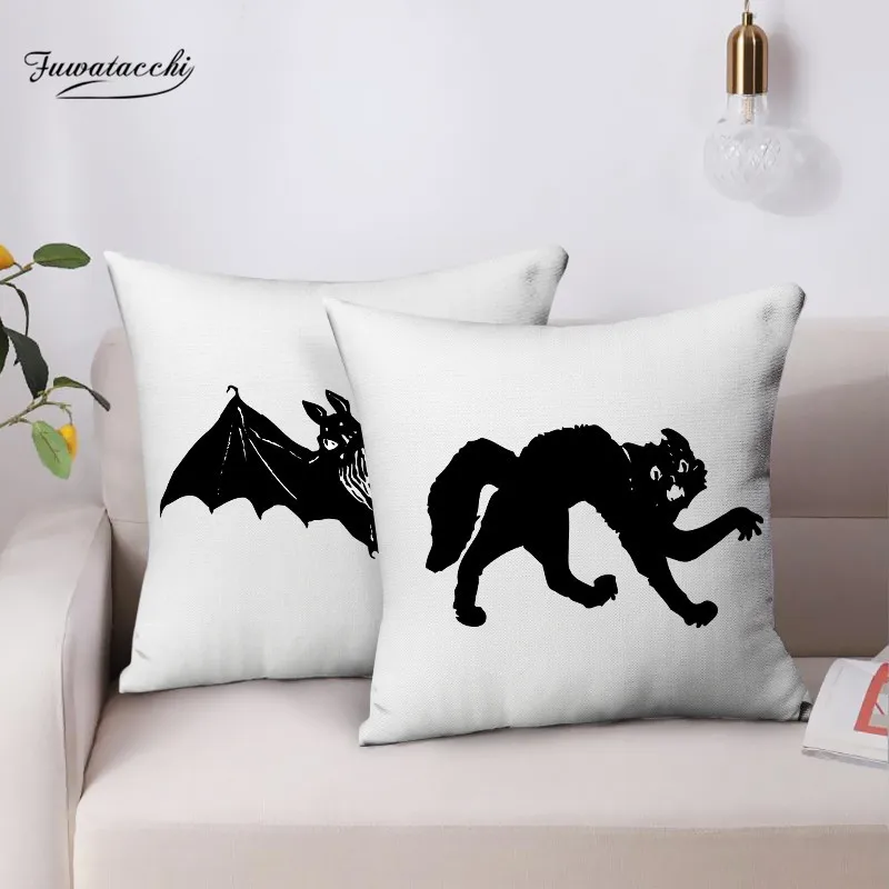 Fuwatacchi Black Cat Caster Bat Witch Printed Cushion Cover White Background Pillow Covers For Home Sofa Decor Throw Pillowcases | Дом и сад
