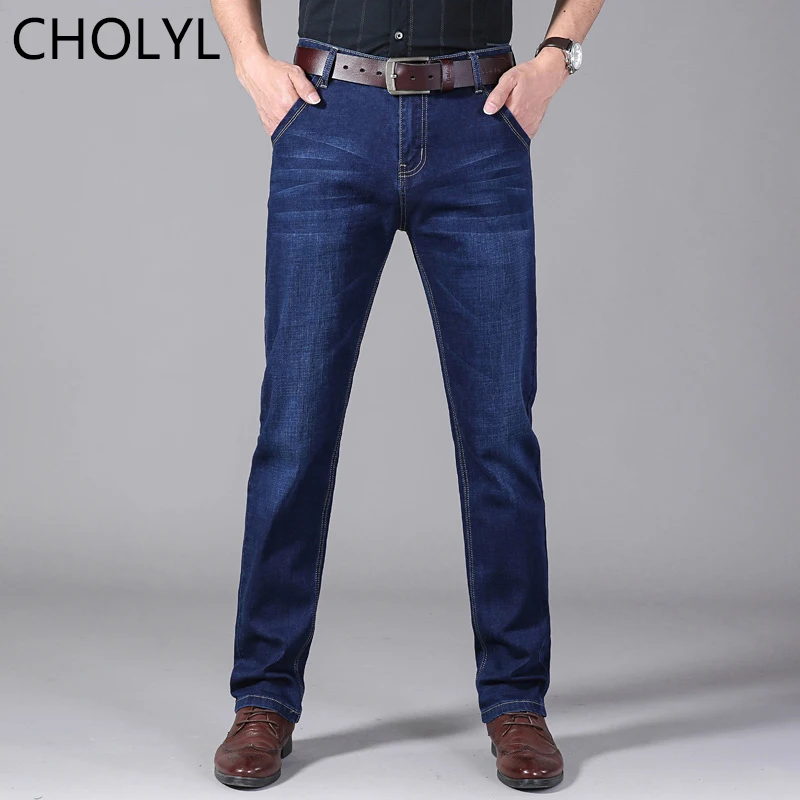 CHOLYL, новинка, 3 цвета, классический стиль, мужские джинсы, высокое качество, эластичная сила, облегающие, брендовые, Осень-зима, брюки, синий светильник, синий цвет