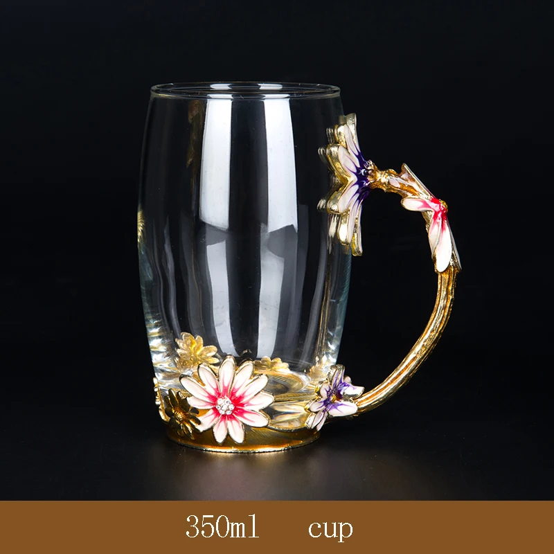 350ml cup Цветочная стеклянная эмалированная чашка для воды прозрачная чайная, кофейная ложка эмалированные чашки K-Cup для воды тонкая офисная бутылка для воды - Цвет: 350ml cup