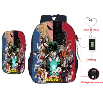 

My Hero Academia USB Backpack 2pcs/Set Students Anime School Bag with Pencil Case Kids Rucksack Boys Girls Travel Knapsack Gift