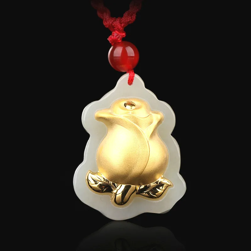 Natural Chinese Hetian White Jade Mosaic Gold Pendant Rose Beautiful Jewelry Necklace Carved Fashion for Women Charm Amulet Gift