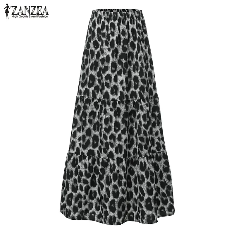 Сексуальные женские юбки макси с леопардовым принтом, ZANZEA, Весенняя повседневная юбка с эластичной резинкой на талии для женщин, Faldas Saia Robe размера плюс