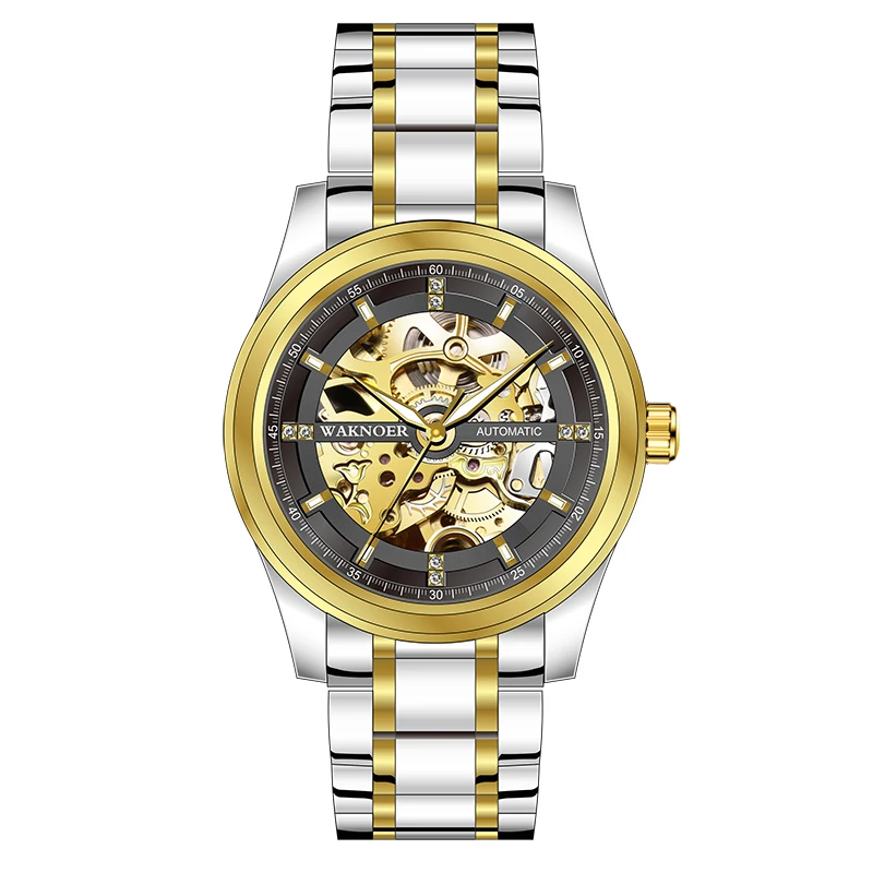 mix gold black WAKNOER Мужские механические часы с полым циферблатом модный дизайн стимпанк роскошные мужские водонепроницаемые автоматические часы с скелетом Relogios - Цвет: mix gold black