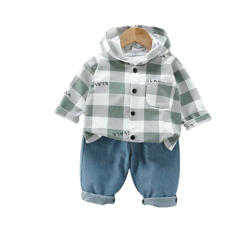 

New Spring Baby Girls Cotton Clothes Suit Children Boy Plaid Hooded Jacket Pants 2Pcs/Set Autumn Toddler Costume Kids Sportswear
