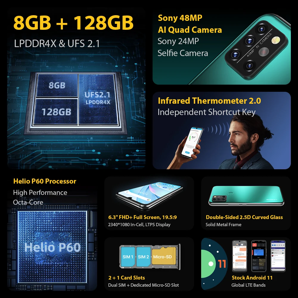 UMIDIGI A9 Pro Android 11 RAM 8GB 128GB Samrtphone 48MP AI Matrix Quad Camera Helio P60 Octa Core 6.3