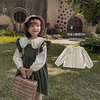 

2020 spring new girls sweet lotus leaf collar lace shirt children button hubble bubble sleeve tops