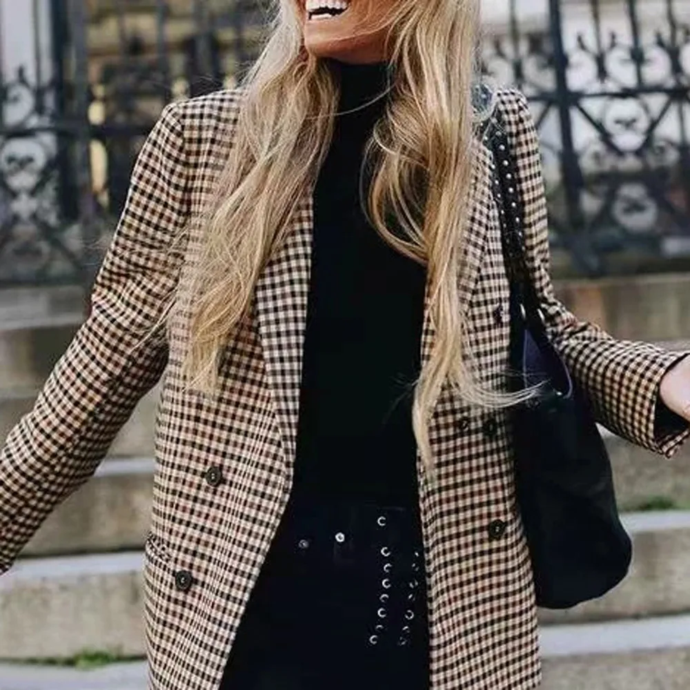 

Plaid Women Blazer Coat Retro Button Lattice Suit Jacket with Shoulder Pads Jacket Blazer Female Casual Coats 2019 Fashion