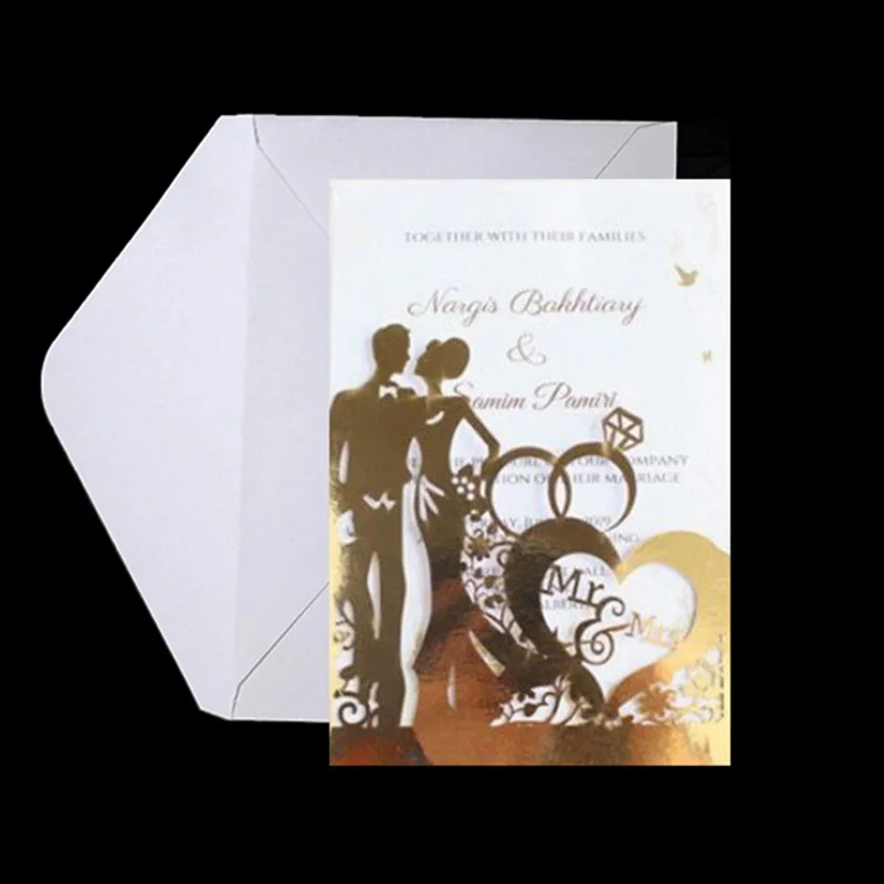 10pcs Bride And Groom Laser Cut Wedding Invitations Card Lace Pocket Customize Invites Cards Printing With Ribbon Shower Favor