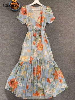 

New Arrival Dress 2020 Summer Fashion Style Women V-Neck Elegant Floral Print Tunic Button Deco Short Sleeve Sexy Ruffle Dress