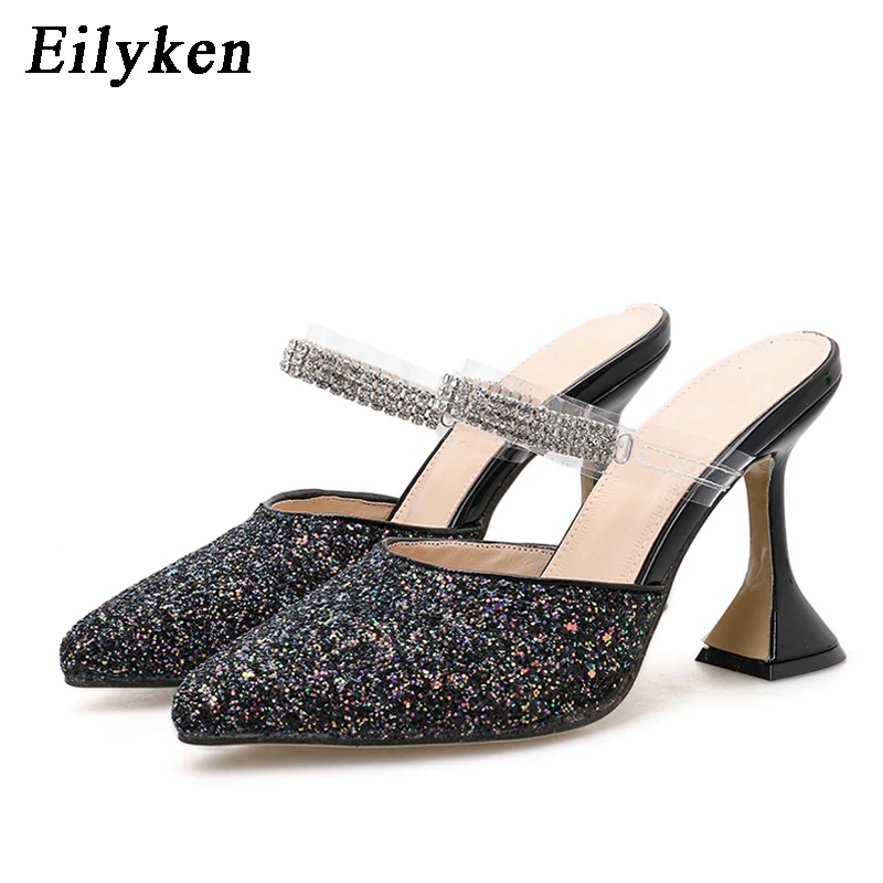 Eilyken/ дизайн; блестящие шлёпанцы; женские туфли-лодочки на необычном каблуке; пикантные туфли с острым носком; прозрачные стразы; шлепанцы на ремешке; модельные туфли