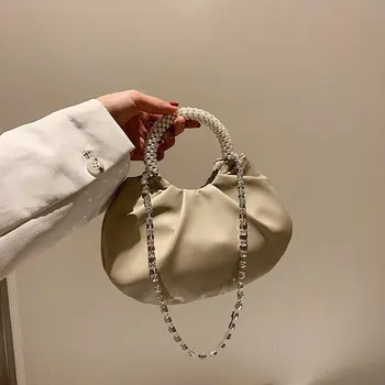

Pearl Wrist Handbag Women 2020 New Fashion Fold Cloud Bag Rhinestone Chain Shoulder Bags PU Messenger Bag Designer Handbags