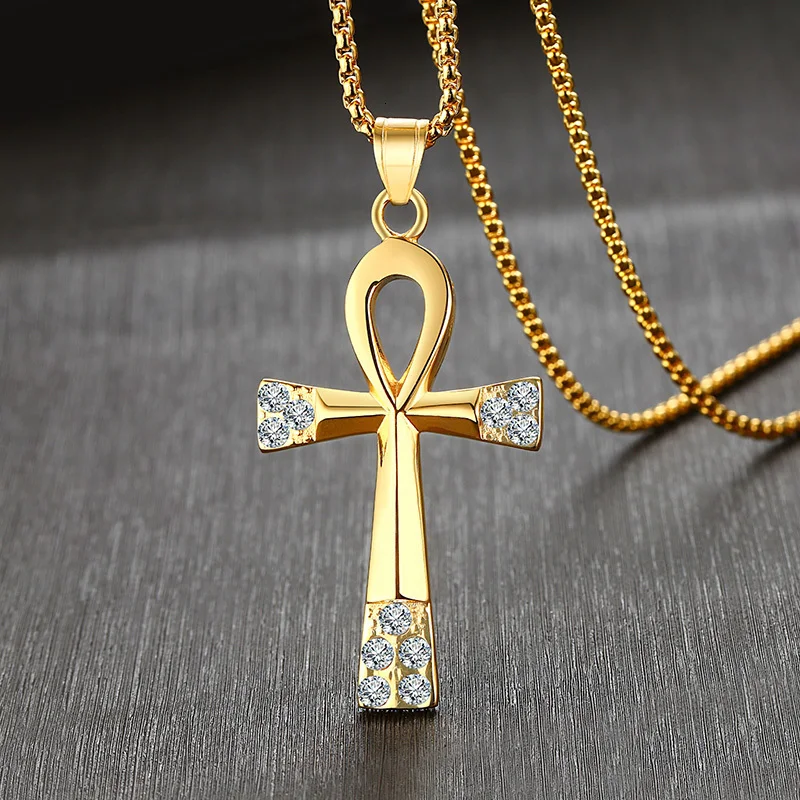 Vnox золотой тон Ankh крест ожерелья для мужчин нержавеющая сталь CZ Египетский ключ жизни кулон хип хоп унисекс ювелирные изделия