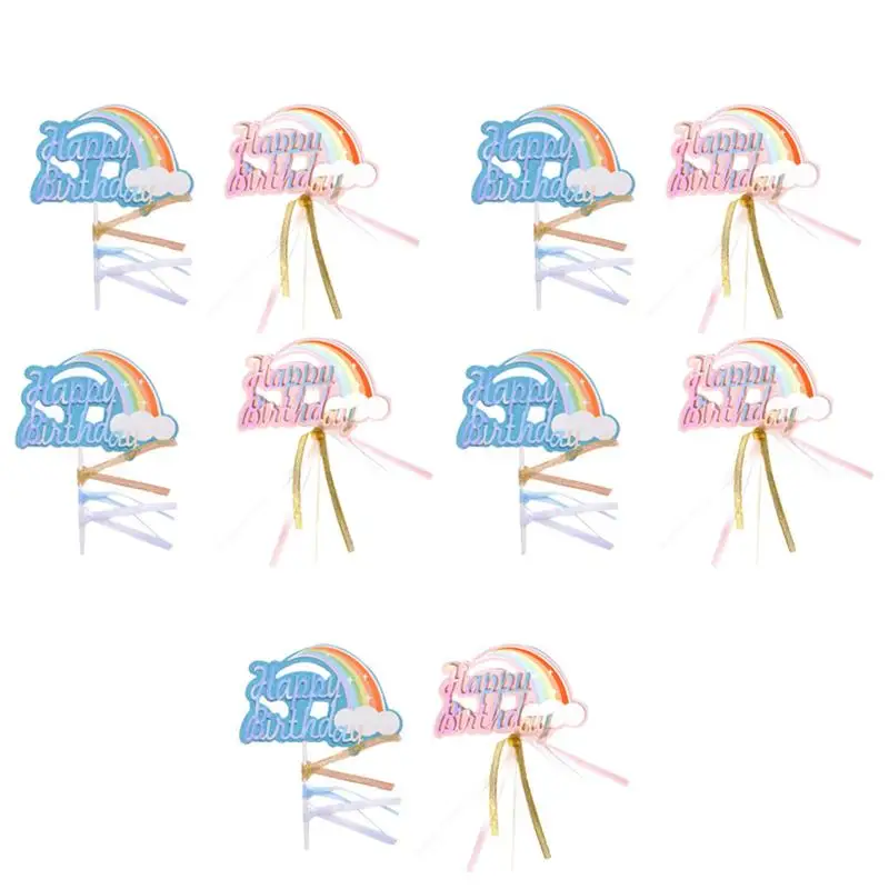 

10 Pcs Christmas Cake Toppers Rainbow Plug-in Cake Inserted Cards (Pink+Blue)