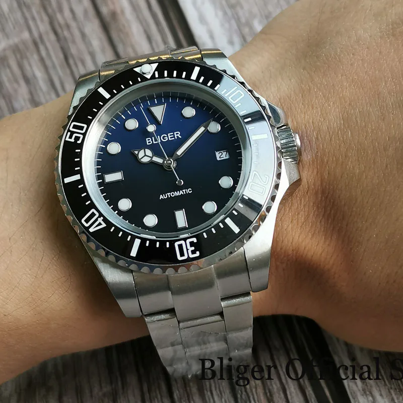 Мужские Большие механические часы BLIGER SEA BLUE BLACK Dial 43 мм вращающаяся рамка с