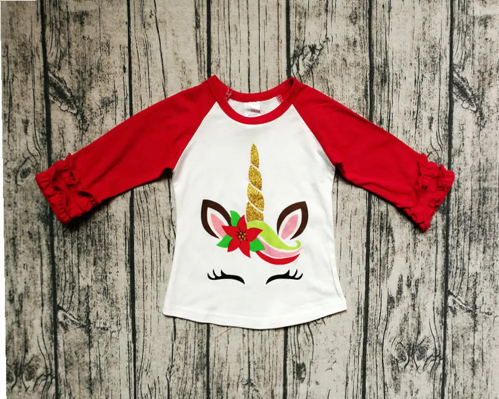 Рождественские футболки с единорогом; Детские футболки с оборками на День Благодарения для девочек; рождественские футболки реглан; зимняя одежда для маленьких девочек; топы для девочек - Цвет: 2