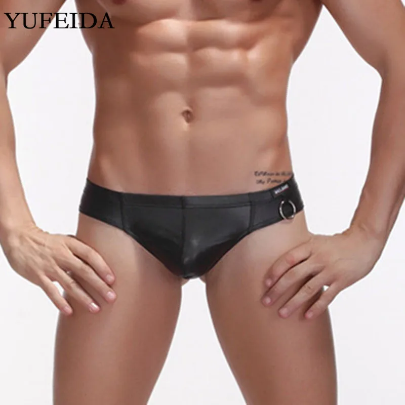 YUFEIDA Sexy Men Underwear G-Strings Men's Thongs Faux Leather Male Gay Sissy Panties Low Rise Underpants T-back Pouch Jockstrap |