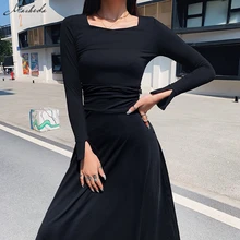 Macheda осеннее модное черное облегающее длинное платье женское Элегантный квадратный вырез повседневное облегающее платье Готическая уличная одежда