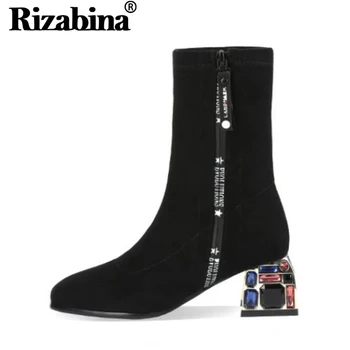 

RizaBina Warm Women Ankle Boots Fashion Heels Crystal Shoes Women Special Side Zipper Round Head Casual Winter Boots Size 34-43