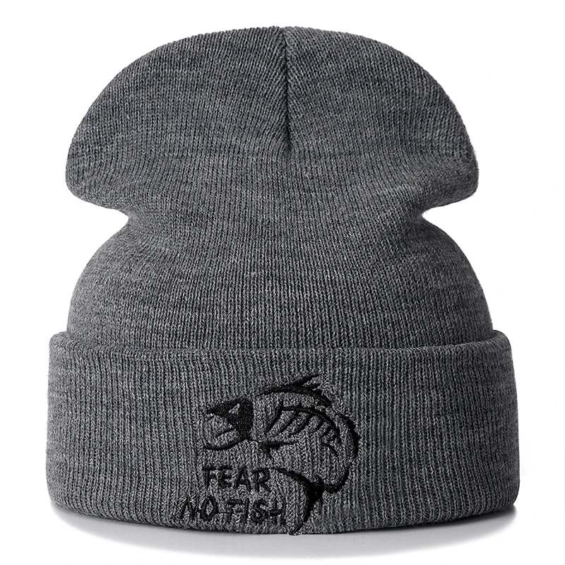 1 шт шапка Не бойся рыбы вышивка повседневное шапка женская мужская теплая вязаная зимняя шапка модные Сплошной цвет шапка - Цвет: Gray