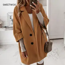 

Women Coat 3/4 Sleeve Two Buttons Autumn Winter Lapel Jackets Side Pockets Warm Woolen Casual Long Coat Outerwear