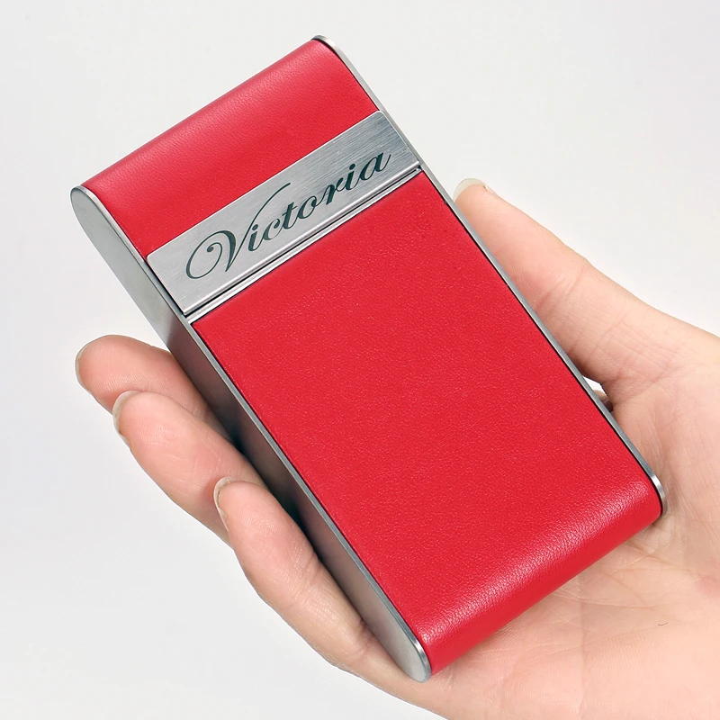 Elegant Red and Black Slim Cigarette Case - Stainless Steel with PU Leather Finish, Personalized Logo Option, Stylish Smoking Accessory