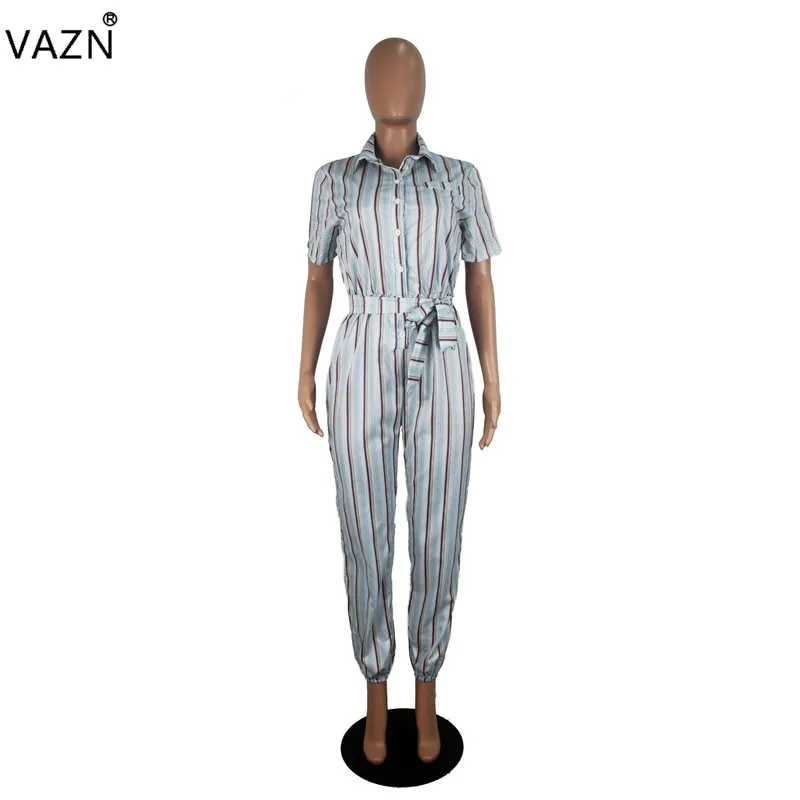 VAZN SD9151 Yong Lady Of Note сексуальный офисный Модный Полосатый свободный полосатый короткий рукав шифон женский длинный карандаш комбинезоны