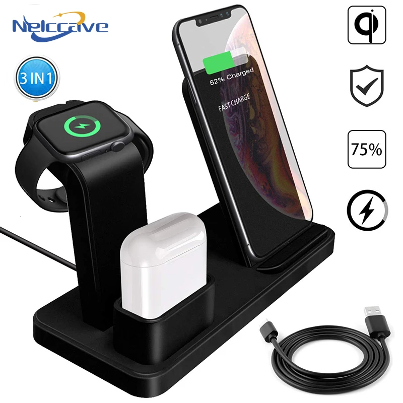

Fast Charger For Apple Watch 5 4 3 2 1 AirPods 3 in 1 10W Mobile Phone Qi Wireless Charge Station Dock For iPhone 11 Pro X XR 8