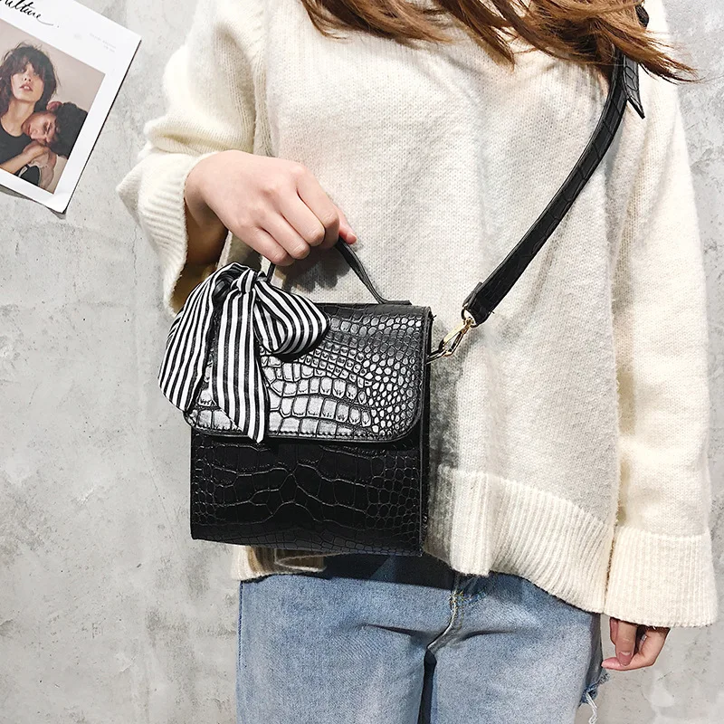 

Square Sling Bag Pu Korean-style 2019 Spring New Style WOMEN'S Bag Shoulder Soft Surface Graceful Bow Ribbon Crocodile Pattern W