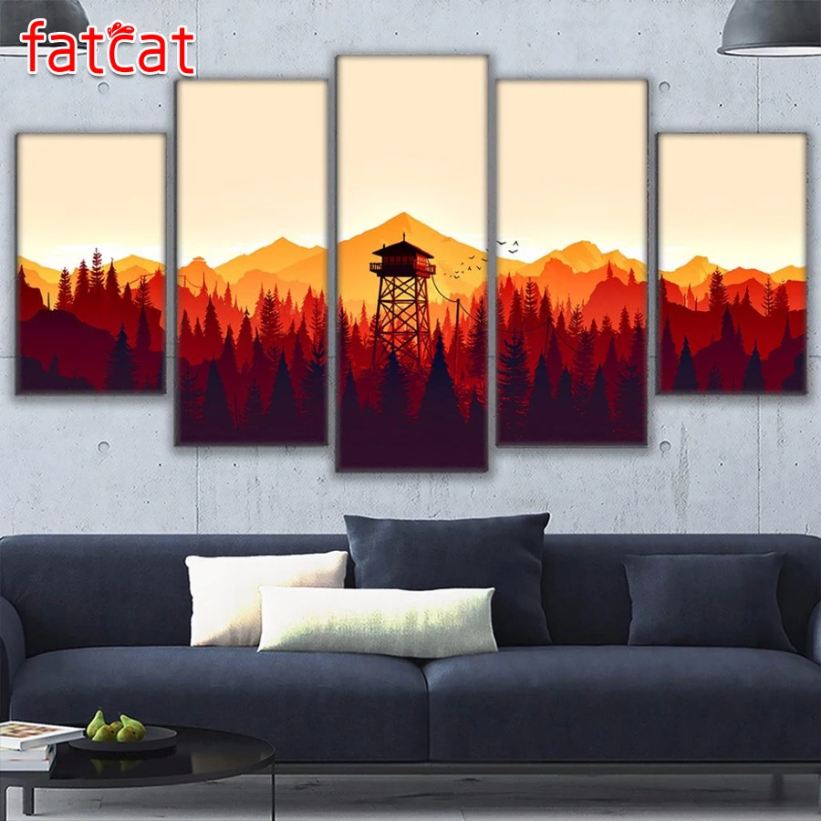 FATCAT 5 Panel Game Firewatch Art mountains Diy Diamond Painting Full Square Round Drill Embroidery Sale Decor AE926 | Дом и сад