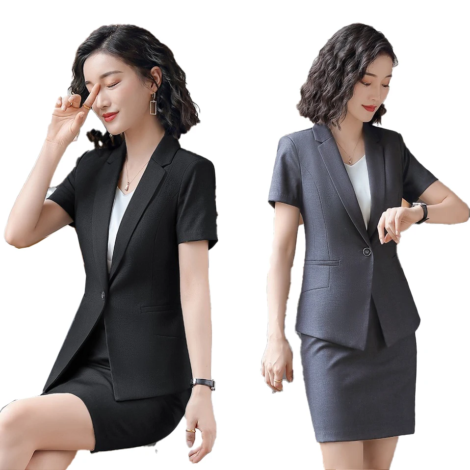 Женский элегантный формальный офисный костюм летний черный блейзер женские