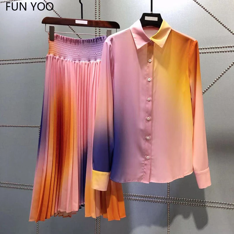 

2019 Woman Suits Turn down collar Full Sleeves Elastic Waist Mid calf Pleated Skirt Rainbow Collar Chic Set Sexy Elegant