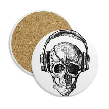 

Skull Headset Music Crazy Pattern Ceramic Coaster Cup Mug Holder Absorbent Stone for Drinks 2pcs Gift
