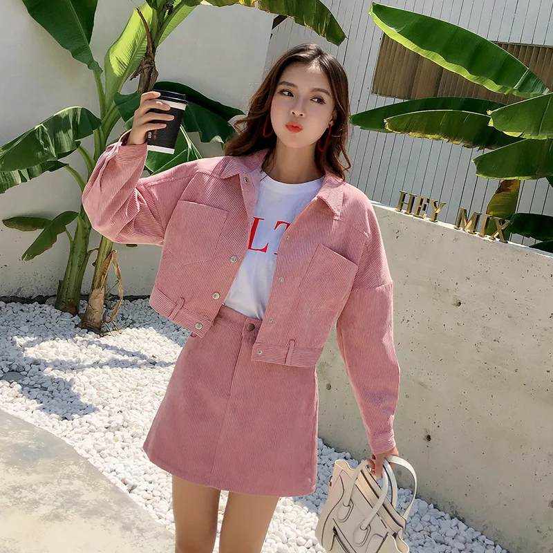 

Sweet Women Corduroy Pink Short Jacket + Skirt Set Korean Chic Cloth Casual Women Autumn Mini Skirt Outwear Solid 2Pcs Outfits