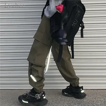

Lychee Harajuku Hip Hop Solid Color Neon Tape Women Cargo Pants Large Pockets Loose Female Trousers Casual Autumn Lady Bottoms