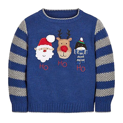 Christmas Baby Girl Handwork Sweater Autumn Winter Kids Stripe Clothes Boys Cartoon Santa Claus Embroidery Knitted Sweaters - Цвет: dark blue