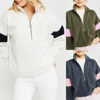 

Women's Autumn and Winter Casual Zipper Stitching Long-sleeved Color Pullover Warm Sweatshirt Korean Style Women White Moletons