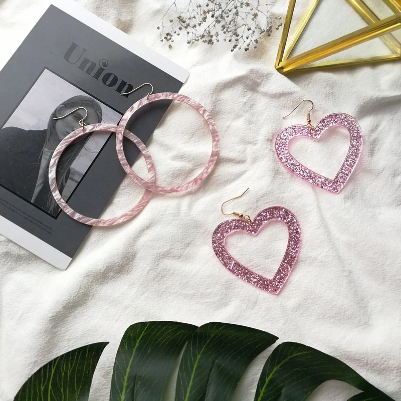

Pink Large Geometry Round Acetate Acrylic Drop Earrings For Women Japan Korea Heart Dangle Earrings Wholesale
