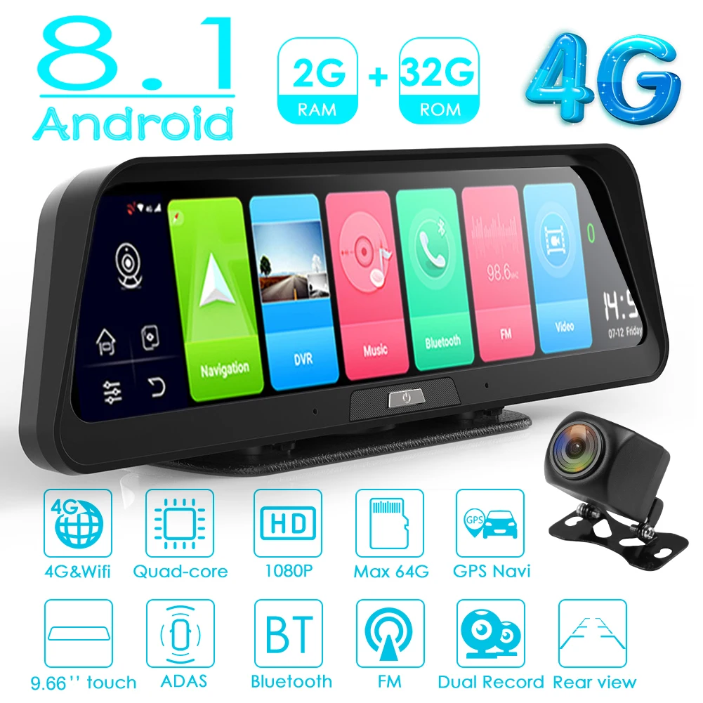 9 66 дюймовый 4G Android 8 1 Автомобильный видеорегистратор с камерой заднего