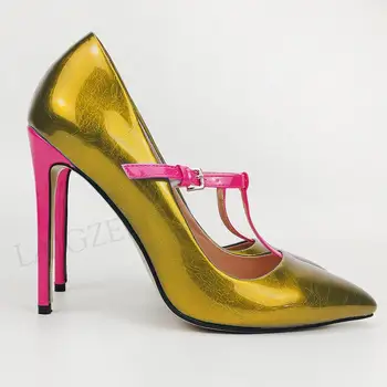 

LAIGZEM Color Contrast Women Heels Buckle Strap Fashion Desgin High Heels Shoes Women Tacones Mujer Zapatillas Size 38 43 44 47