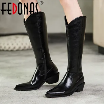 

FEDONAS Side Zipper Knee High Bots For Girls Genuine Leather Thick Heels Shoes Woman Winter Wedding Working Slim Long Shoes