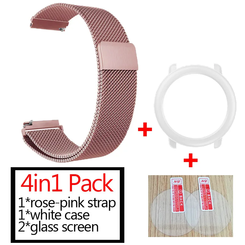 rose pink-white 3в1 Для xiaomi Huami Amazfit pace ремешок для часов металлический Миланский ремешок+ защитный чехол для наручного ремня+ Защитное стекло для экрана - Цвет: rose pink-white