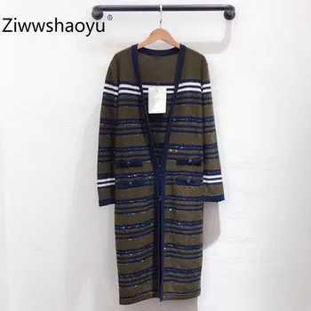 

Ziwwshaoyu 2020 Designer Early Spring V-Neck Sequins Stripe Long Knitting Cardigan Sweater Women's High Quality Clothing
