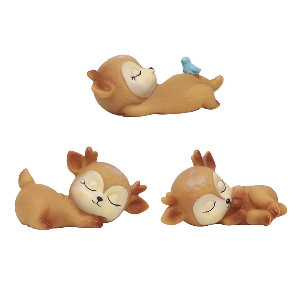 3pcs Miniature Animal Ornaments Cute Deer Figurines Toys Kawaii Sleeping Baby Decor for Home Shop Office Tabletop Display